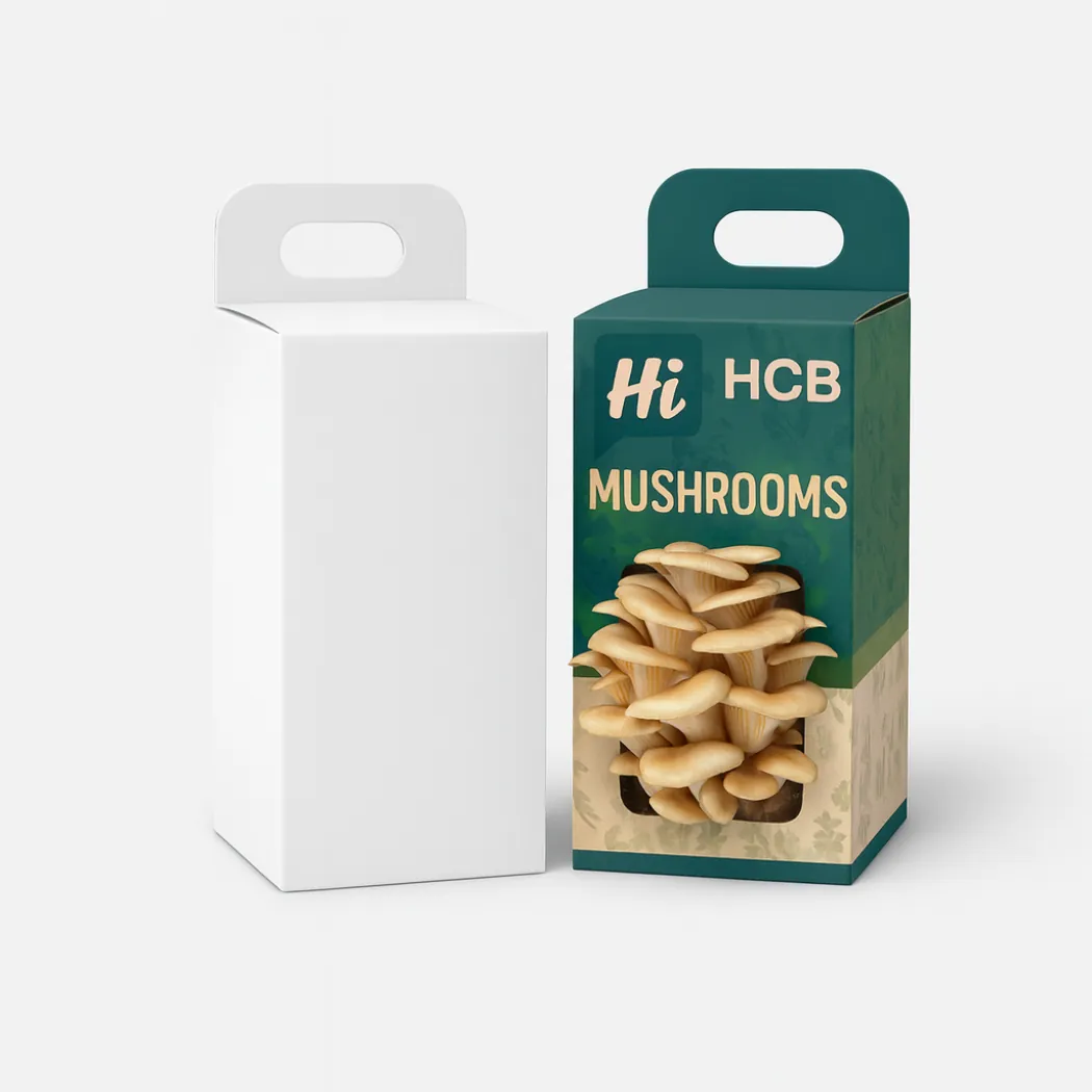 Two tall boxes with handles- one white and one green showing mushrooms through a window- class=